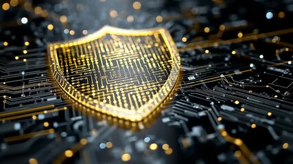 Golden shield symbolizing cybersecurity on a digital circuit board, representing protection and technology - Powered by Adobe