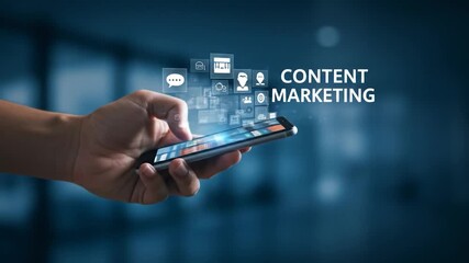 A hand holding a smartphone with digital icons hovering above and the words "CONTENT MARKETING" displayed. Blurred background - Powered by Adobe