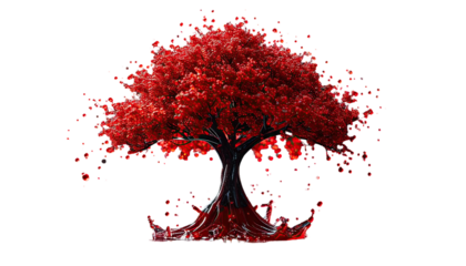 A vibrant red tree with a dark trunk, roots, and bright leaves against a black background