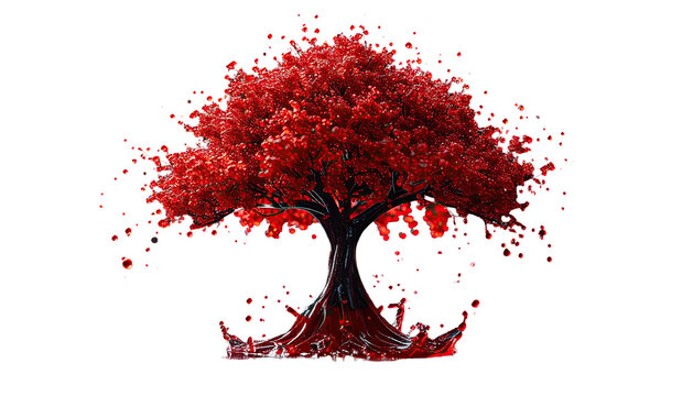 A vibrant red tree with a dark trunk, roots, and bright leaves against a black background