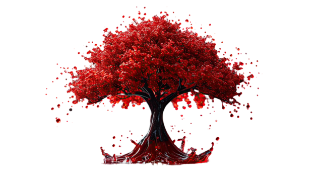 A vibrant red tree with a dark trunk, roots, and bright leaves against a black background