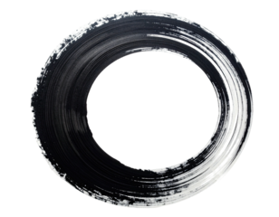 A monochrome illustration of a brushstroke circle with texture and transparency on black background