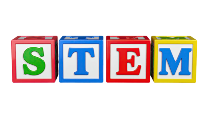 Colorful toy blocks spelling "STEM" with a dark background. The letters are bold