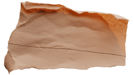 A torn piece of aged brown paper with rough edges and faint lines isolated on transparent background