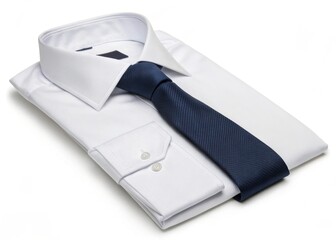 Folded white dress shirt with a textured navy blue tie for professional attire concept
