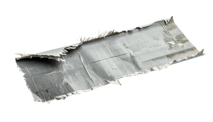 Isolated, textured, ripped piece of gray-silver, crumpled tape with jagged edges on black