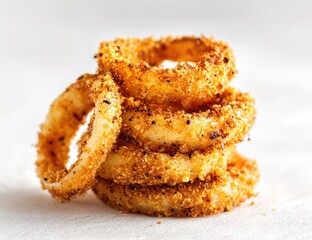Stacked golden fried onion rings