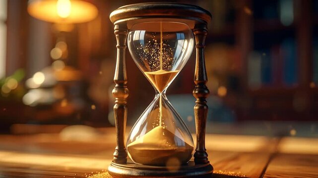 Hourglass with sand flowing in a vintage atmosphere closeup