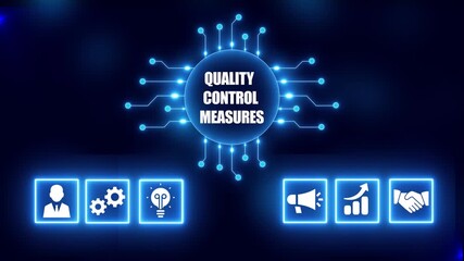 Quality Control Measures Concept with Icons and Circuit Board Design on Dark Blue Background standards