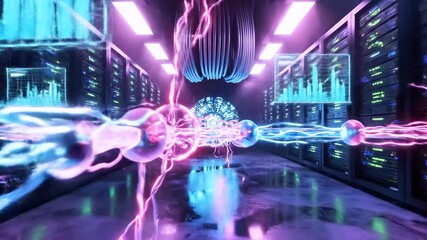 Futuristic server room with glowing data streams, data displays, and energy spheres - Powered by Adobe