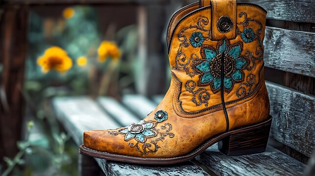 Decorated cowboy boot on rustic bench.