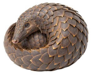 Pangolin curled defensively showing scales in a protective posture on a transparent background