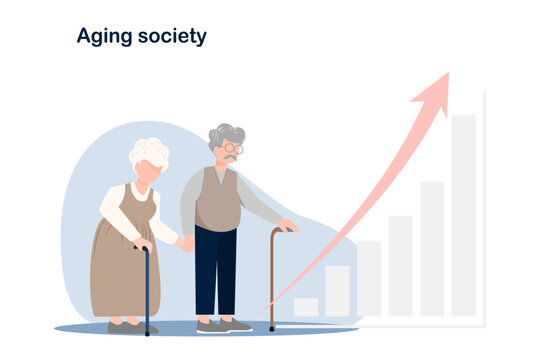 Flat illustration, a graph showing a continuously rising aging society. An elderly couple holds hands amidst a graph showing a continuously rising aging society rate.