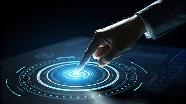 A hand touching a digital screen with glowing blue circles and lines, representing technology, innovation, and the future of humancomputer interaction