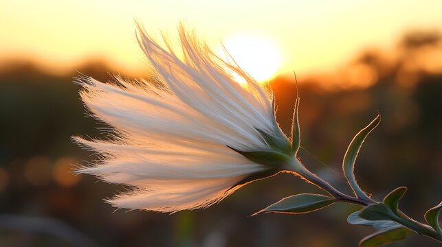 Delicate white flower backlit by warm sunset glow.