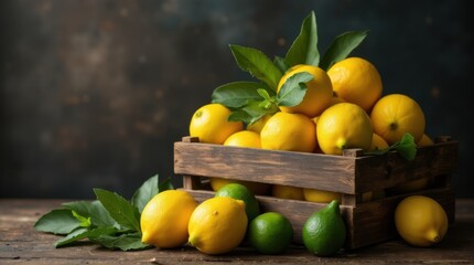 A rustic wooden crate overflows with fresh lemons and vibrant green limes set against a dark textured background