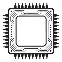 Closeup view of a black and white illustration of a computer microchip with pins