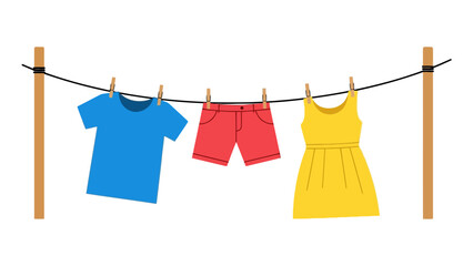 Clothesline with blue shirt red shorts and yellow dress