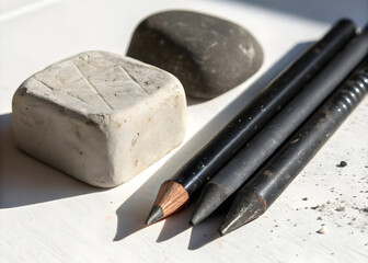 Pencils and erasers resting on a white surface ready for sketching or drawing projects