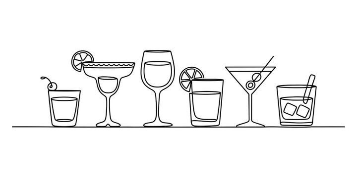 Continuous line drawing of various alcoholic cocktails and beverages in different types of drinking glasses with garnishes, black and white minimal art.