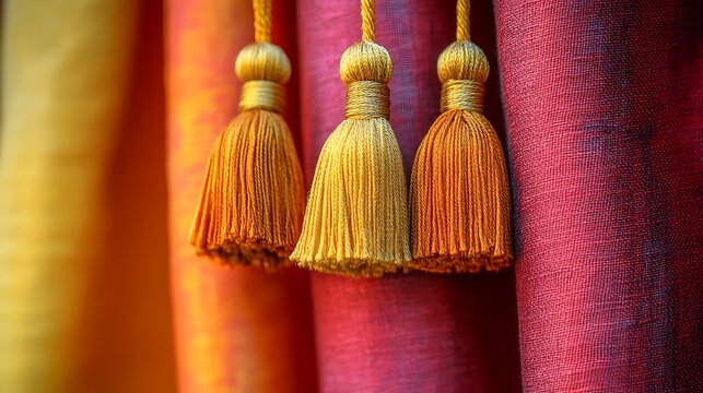 Decorative tassels on colorful fabric.