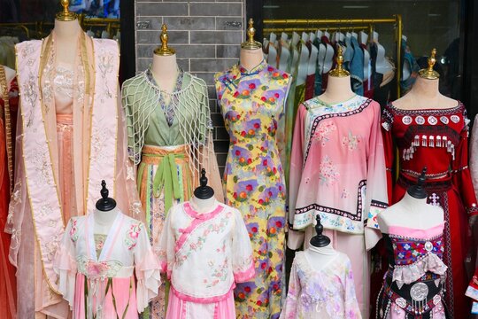 Shawan ancient town rental shop with traditional Chinese dress for sightseeing in Panyu district of Guangzhou city in Guangdong, China.