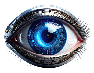A robotic eye showcasing intricate circuitry, luminescence, and a metallic iris over a black background