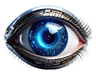 A robotic eye showcasing intricate circuitry, luminescence, and a metallic iris over a black background