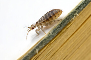 Small psocoptera insect crawling across the edge of a book on a white surface indoors