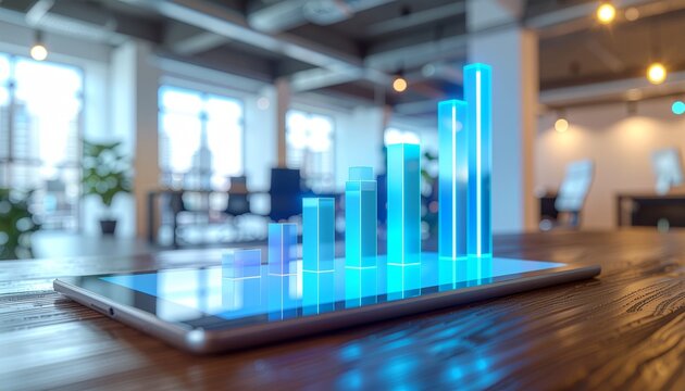 See your financial success visualized on a tablet with bright blue graph bars in a modern office, invest in your future with data driven results