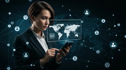 A businesswoman in a dark suit interacts with a smartphone, viewing a world map hologram, network connections and user icons around her - Powered by Adobe
