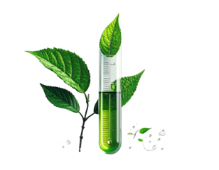 A test tube filled with green liquid, emerging with vibrant green leaves against a black backdrop