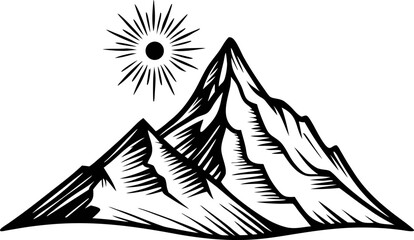 Hand drawn mountain peaks with sun in vintage engraving black and white illustration
