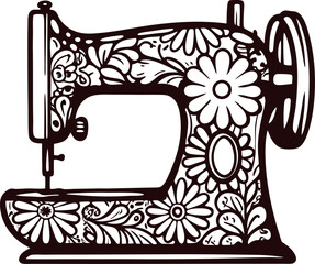 Vintage floral decorated sewing machine illustration in intricate hand drawn ornate