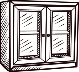 hand drawn wooden cabinet with glass doors isolated on white background