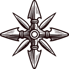 Engraved vintage shuriken with six arrowhead blades in detailed black and white etching illustration