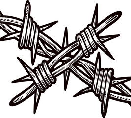 Hand drawn barbed wire closeup black and white engraving vintage sketch illustration