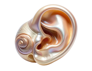 Surreal, iridescent sculpture blending human ear with seashell, against a deep black background