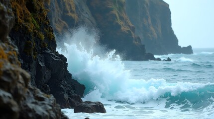Dramatic ocean waves crashing against rugged cliffs, a stunning coastal landscape perfect for travel brochures, nature documentaries, or inspiring environmental campaigns
