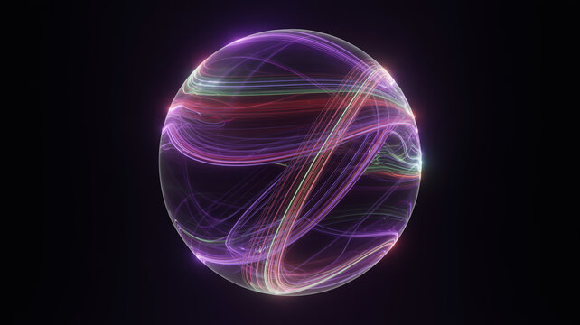Abstract glowing sphere with colorful light trails on a dark background design