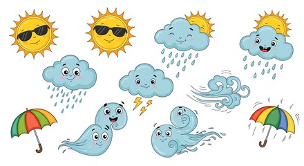 Naklejka premium Cute Cartoon Weather Elements Set - Sun, Clouds, Rain, Wind, and Umbrellas.