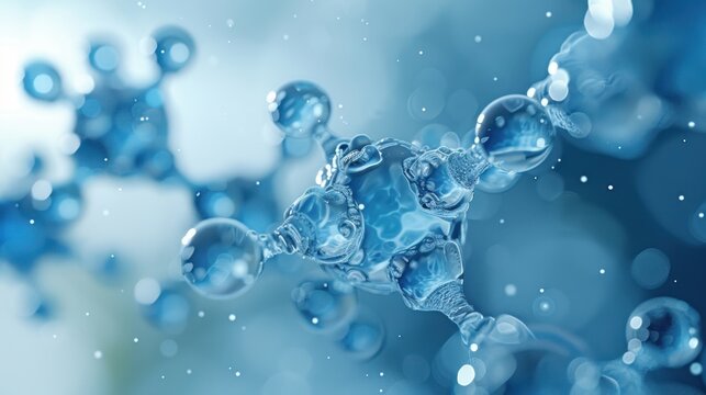 Pentagonal Molecule Light Blue Background gel spheres representing skincare ingredients like coenzyme Q10 and hyaluronic acid, with a clean, abstract background for dermatology and beauty applications