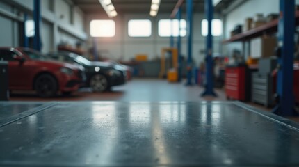 Obraz premium Black metal table surface in a car repair workshop. Blurred background shows the shop interior with tools shelves windows. Workshop table for product display or advertisement.