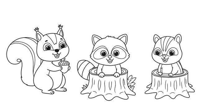 Cute Forest Animals Coloring Page - Squirrel, Raccoon, and Chipmunk in Tree Stumps. - Powered by Adobe