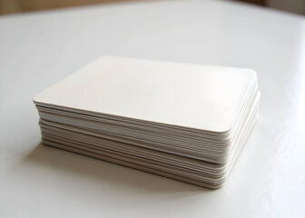 Stack of blank white cards sitting on a white surface ready for customization or branding