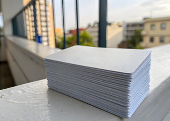 Stack of blank white cards resting on a ledge overlooking urban buildings outdoors daytime