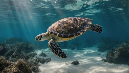 Obraz premium Graceful green sea turtle swimming in clear sunlit ocean water.