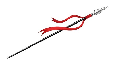 Ancient warrior spear with a red ribbon isolated on a white background.