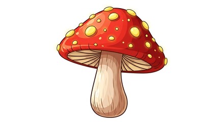 Vibrant Red Mushroom with Yellow Spots on White Background.