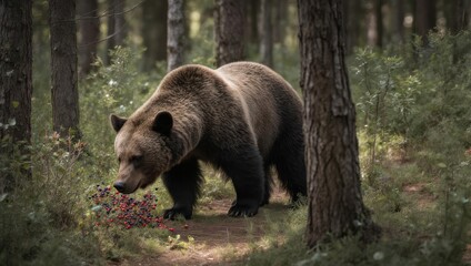 Fototapeta premium Majestic Brown Bear Foraging in a Dense Forest with Sunlight Filtering Through Trees.